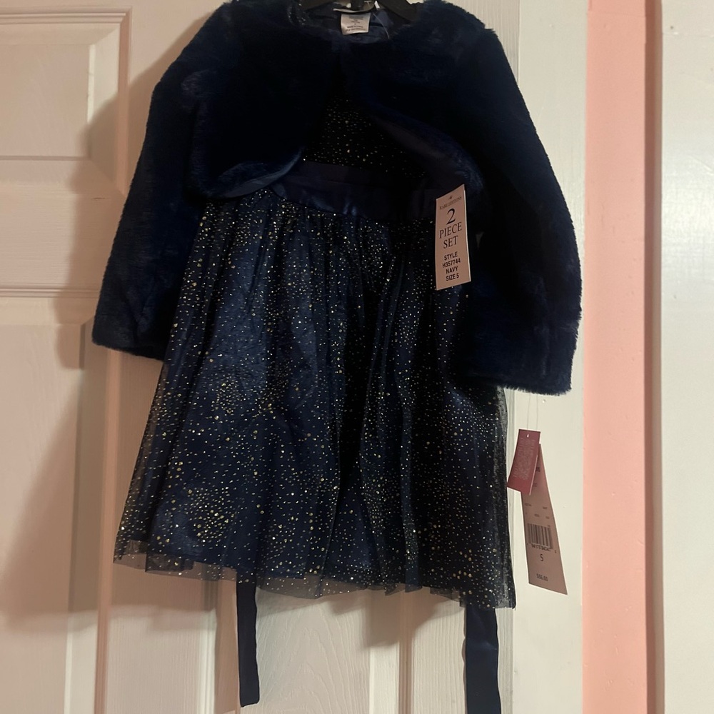 Elegant Navy Dress with Faux Fur Jacket